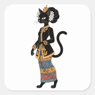 Zwarte kat in traditionele Batik Kebaya-kunst Vierkante Sticker