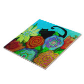 Zwarte kat in tuin Abstract schilderij Tegeltje (Zijkant)