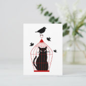 zwarte kat in vogelkooi met vogels briefkaart (Staand voorkant)