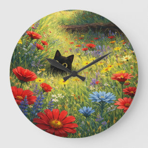 Zwarte kat in weide met wilde bloemen wandklok