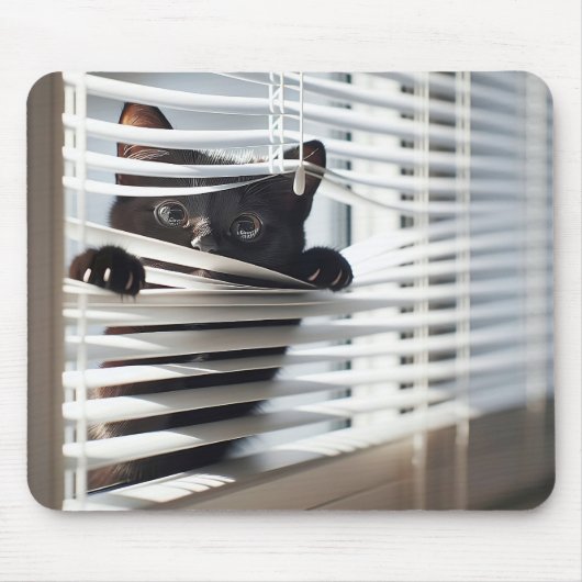 Zwarte kat in witte blinds muismat (Voorkant)