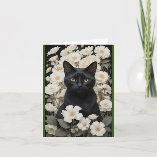 Zwarte kat in witte bloemen bedankkaart (Voorkant)