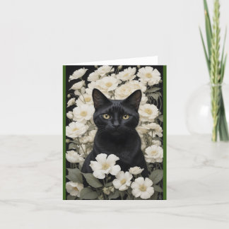 Zwarte kat in witte bloemen bedankkaart