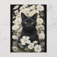 Zwarte kat in witte bloemen