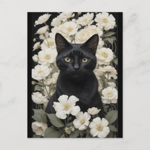 Zwarte kat in witte bloemen briefkaart