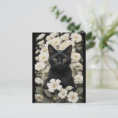 Zwarte kat in witte bloemen briefkaart (Staand voorkant)