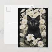 Zwarte kat in witte bloemen briefkaart (Voorkant / Achterkant)