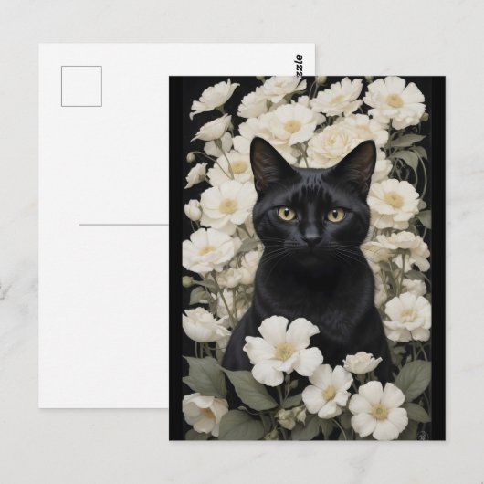 Zwarte kat in witte bloemen briefkaart (Voorkant / Achterkant)