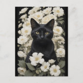 Zwarte kat in witte bloemen briefkaart (Voorkant)