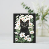 Zwarte kat in witte bloemen (update) Briefkaart (Staand voorkant)