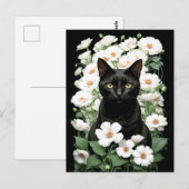 Zwarte kat in witte bloemen (update) Briefkaart (Voorkant / Achterkant)