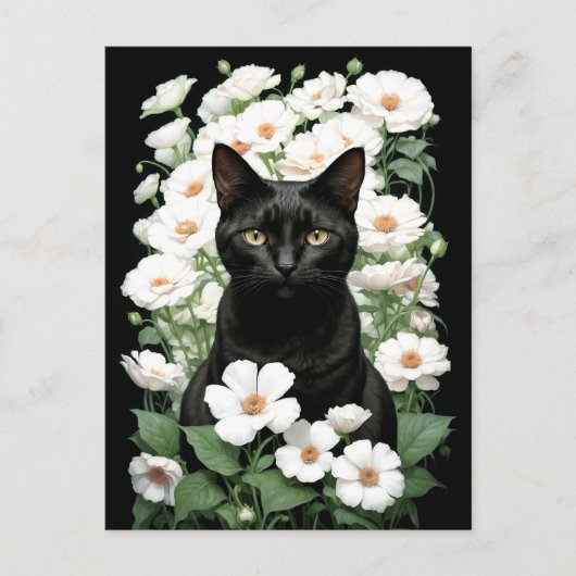 Zwarte kat in witte bloemen (update) Briefkaart (Voorkant)