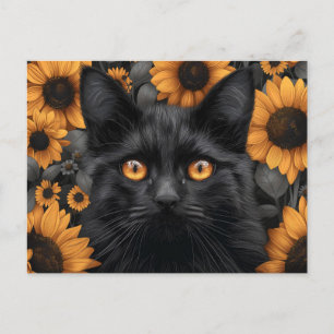 Zwarte Kat in Zonnebloemengebied Briefkaart