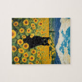 Zwarte Kat in Zonnebloemveld Legpuzzel (Horizontaal)
