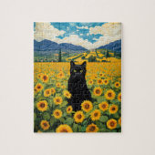 Zwarte Kat in Zonnebloemveld Legpuzzel (Verticaal)