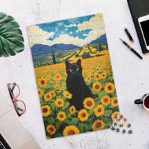 Zwarte Kat in Zonnebloemveld Legpuzzel