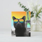 Zwarte Kat in Zonnebril in Parijs Briefkaart (Staand voorkant)