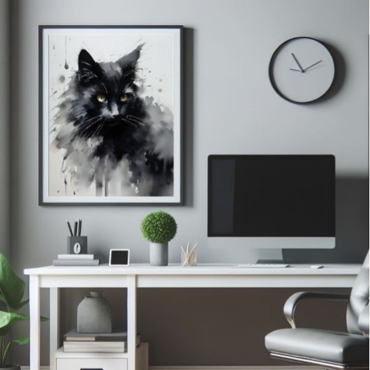 Zwarte kat inkt schilderij foto afdruk
