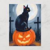 Zwarte kat Jack-O-Lantern Halloween geschilderd Feestdagenkaart (Voorkant)