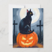 Zwarte Kat Jack-O-Lantern Halloween Geschilderd Feestdagenkaart (Voorkant)