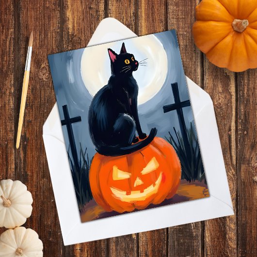 Zwarte Kat Jack-O-Lantern Halloween Geschilderd Feestdagenkaart