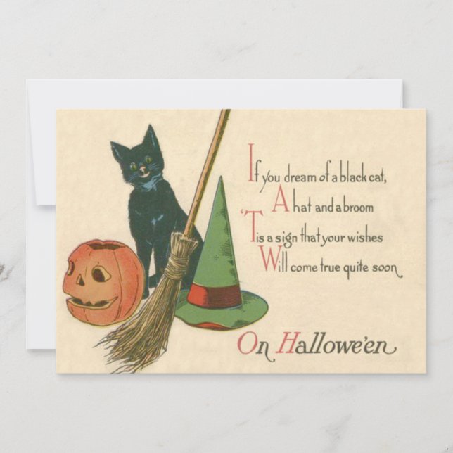 Zwarte kat Jack O Lantern Heksenhoed Bezem Lachend (Voorkant)