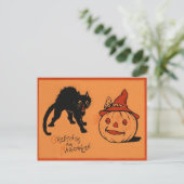 Zwarte Kat Jack O Lantern Pompoen Heksenhoed Briefkaart (Staand voorkant)