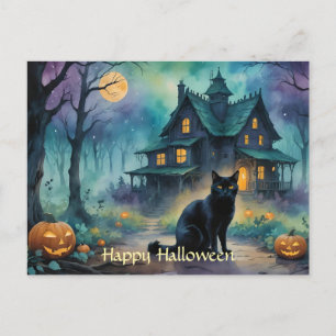 Zwarte kat, Jack O Lanterns, Spooky House Hallowee Briefkaart
