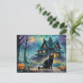 Zwarte kat, Jack O Lanterns, Spooky House Hallowee Briefkaart (Staand voorkant)