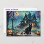 Zwarte kat, Jack O Lanterns, Spooky House Hallowee Briefkaart (Voorkant / Achterkant)