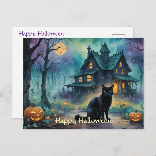 Zwarte kat, Jack O Lanterns, Spooky House Hallowee Briefkaart (Voorkant / Achterkant)