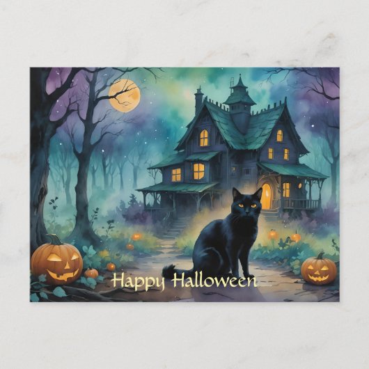 Zwarte kat, Jack O Lanterns, Spooky House Hallowee Briefkaart (Voorkant)