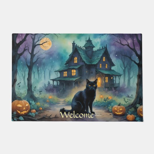 Zwarte kat, Jack O Lanterns, Spooky House Hallowee Deurmat (Voorkant)