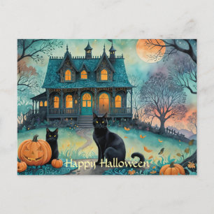 Zwarte kat, Jack O Lanterns, Spooky House Hallowee Feestdagenkaart