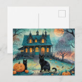 Zwarte kat, Jack O Lanterns, Spooky House Hallowee Feestdagenkaart (Voorkant / Achterkant)