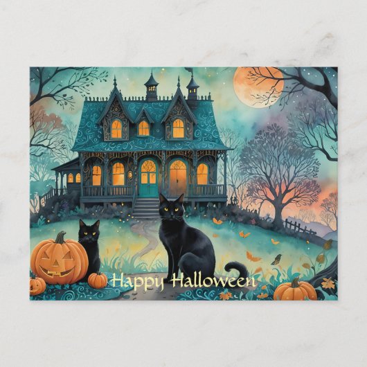 Zwarte kat, Jack O Lanterns, Spooky House Hallowee Feestdagenkaart (Voorkant)