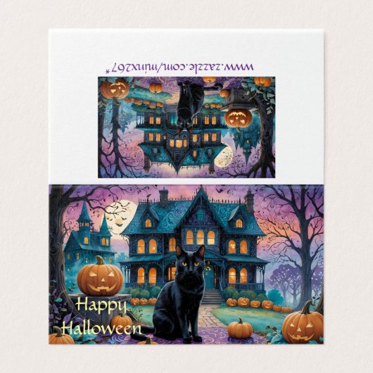 Zwarte kat, Jack O Lanterns, Spooky House Hallowee Kaart (Buitenkant ongevouwen)