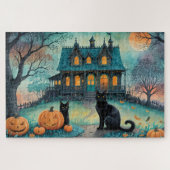 Zwarte kat, Jack O Lanterns, Spooky House Hallowee Legpuzzel (Horizontaal)