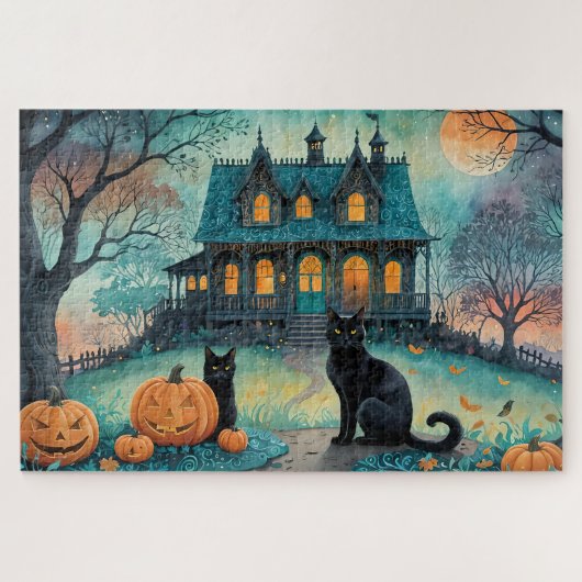 Zwarte kat, Jack O Lanterns, Spooky House Hallowee Legpuzzel (Horizontaal)