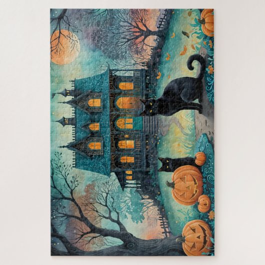 Zwarte kat, Jack O Lanterns, Spooky House Hallowee Legpuzzel (Verticaal)