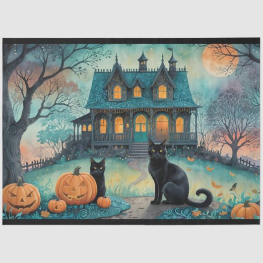 Zwarte kat, Jack O Lanterns, Spooky House Hallowee Tissuepapier (Voorkant)