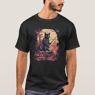 Zwarte Kat Japanse samoerai ninja krijger bloemen, T-shirt
