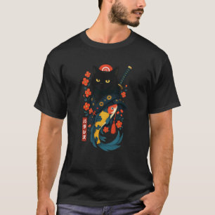 Zwarte Kat Japanse Samurai Kersenbloesem Koi Japa T-shirt