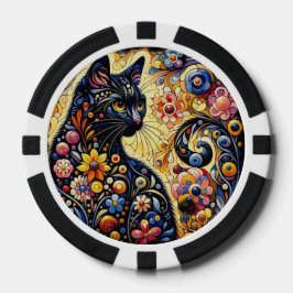 Zwarte Kat Kat Bloemen Whimsical Gele Bloemen Poker Chips