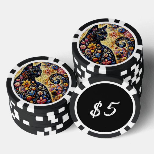 Zwarte Kat Kat Bloemen Whimsical Gele Bloemen Poker Chips (Opstapeling)
