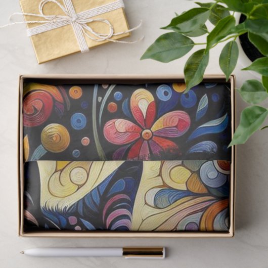 Zwarte Kat Kat Bloemen Whimsical Yellow Decoupage Tissuepapier (Geschenk)