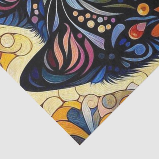 Zwarte Kat Kat Bloemen Whimsical Yellow Decoupage Tissuepapier (Detail)