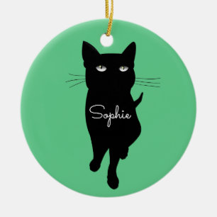 Zwarte kat kat dier gepersonaliseerde naam cadeau keramisch ornament