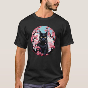 Zwarte Kat Kersenbloesem Grappige Huisdier Bloemen T-shirt
