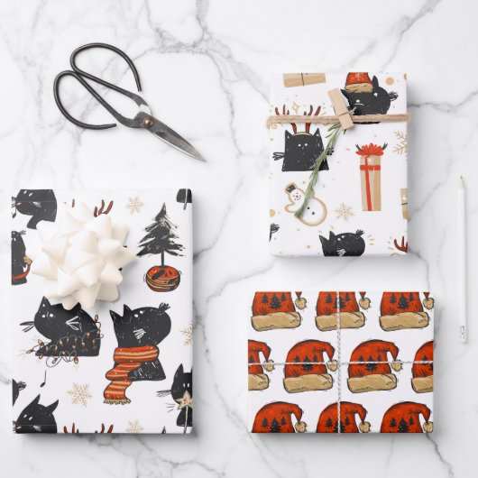Zwarte Kat Kerst 3 Vellen Inpakpapier Set (Voorkant)